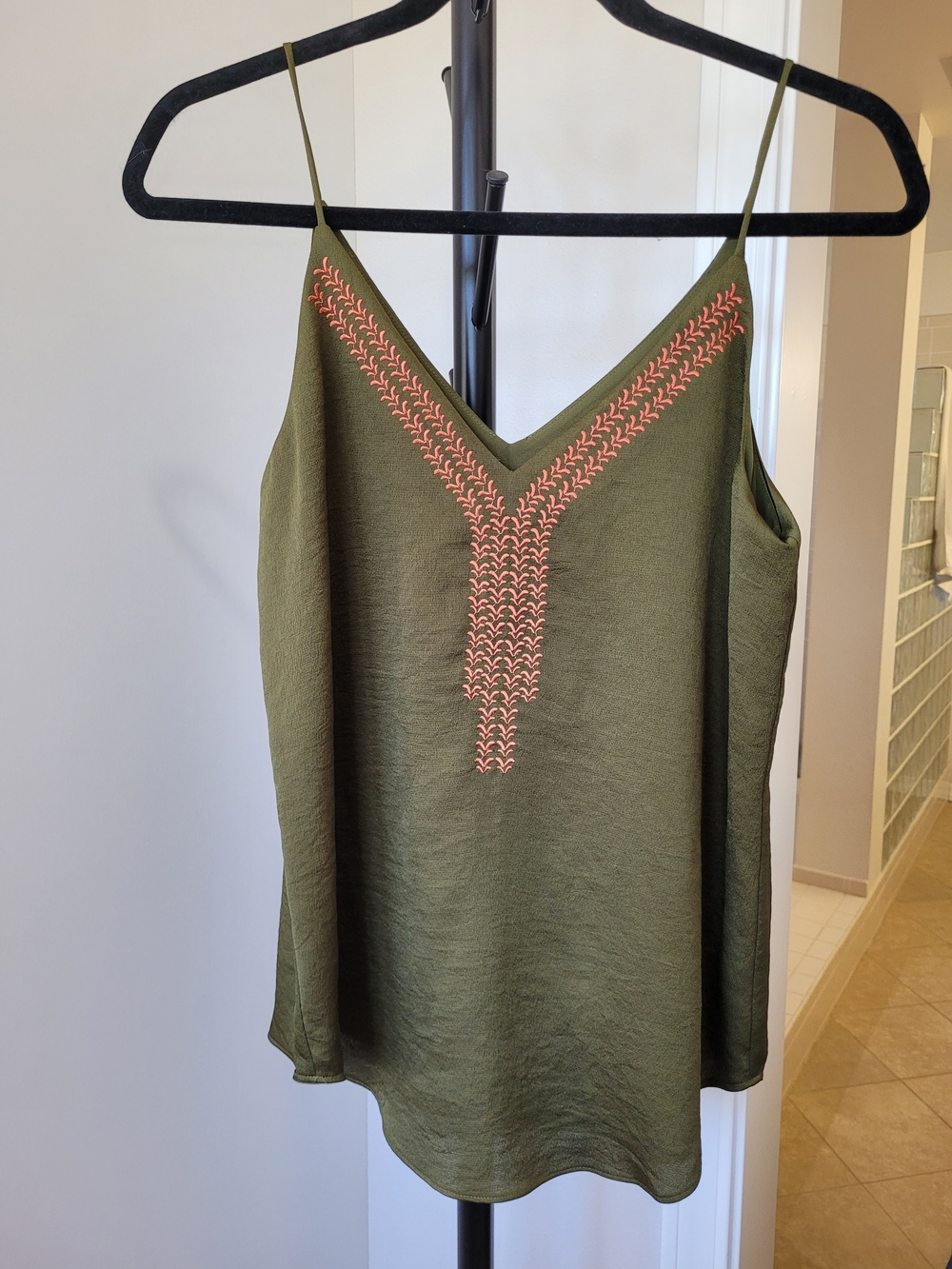 Express Olive Green V-Neck Cami with Pink Embroidery